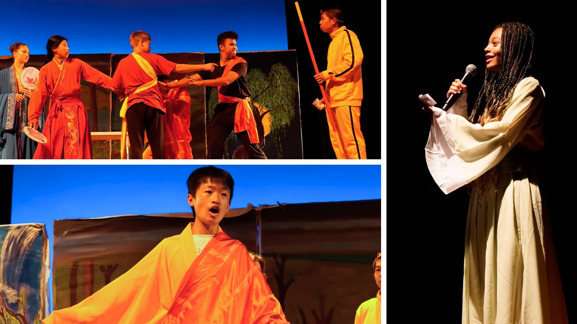 Three photos from the Chinese performance (top left the group on the journey, bottom left the monk, right the introductory speech)