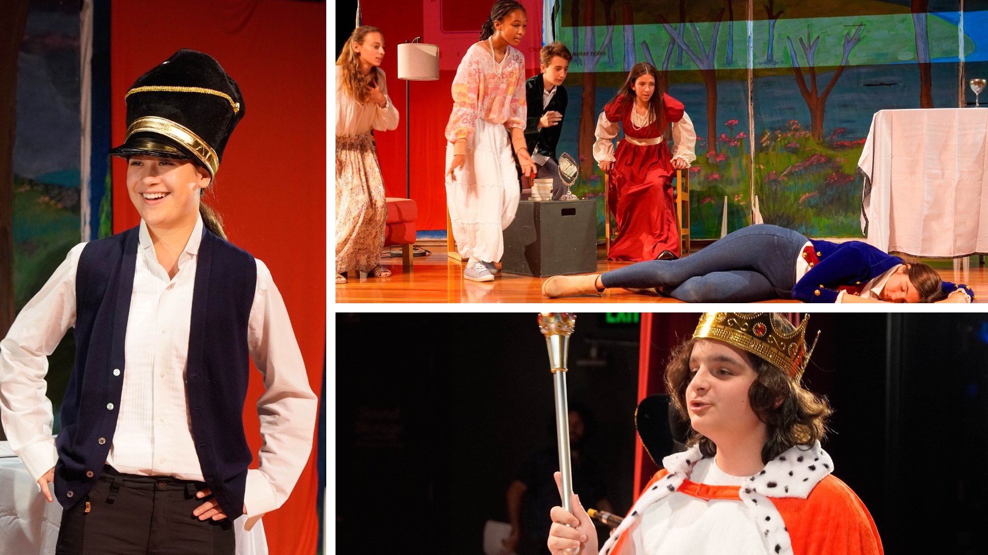 Three photos from the French performance (left the policewoman, top right the ensemble, bottom right the king)