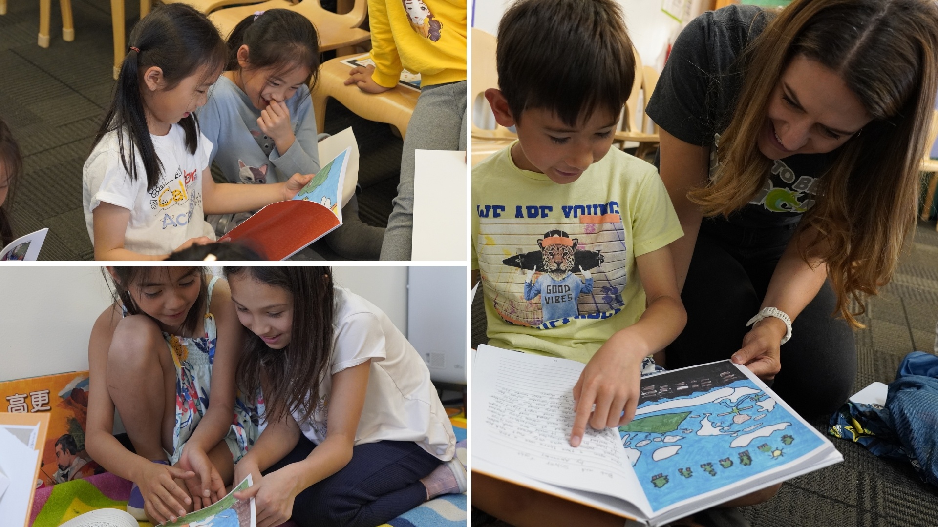 Three photos of students enjoying their work, reading their stories.