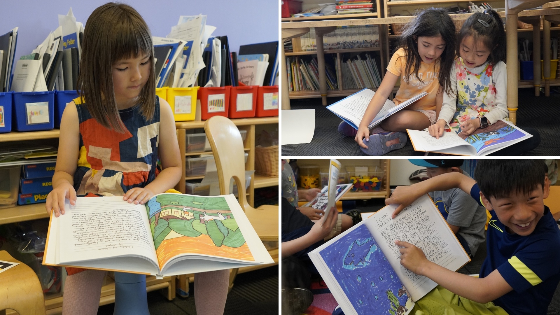 Three photos of students reading their published works.