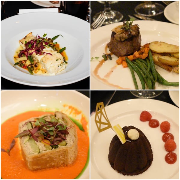 Dinner: top left (halibut), top right (steak), bottom left (wellington), bottom right (desert)