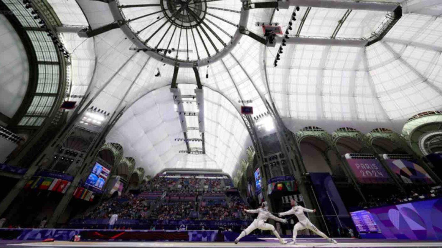 A full shot inside of the fencing arena in France