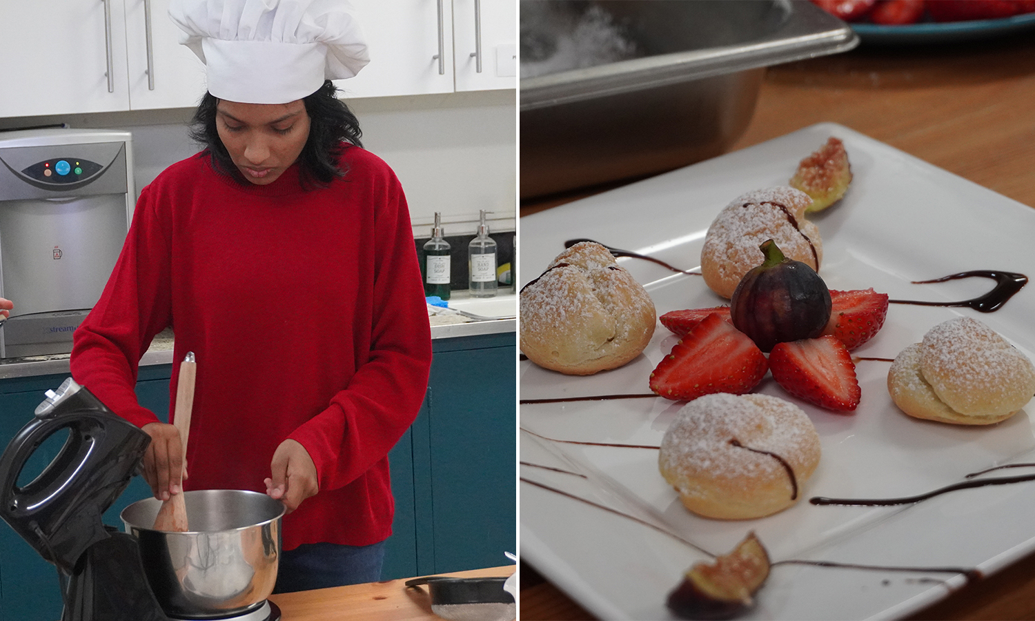 The making of Pâte à Choux and the final product of Cream Puffs plated with figs and cream.