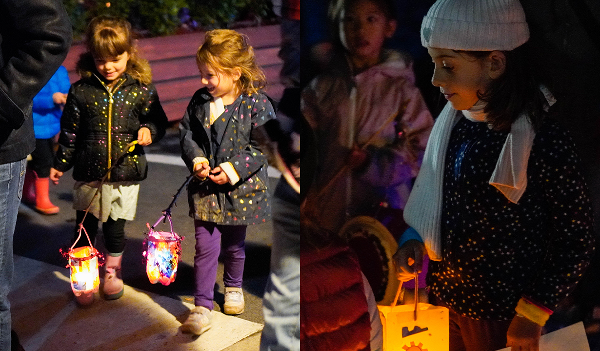 Students with their handmade lanterns parading around the campus at night.