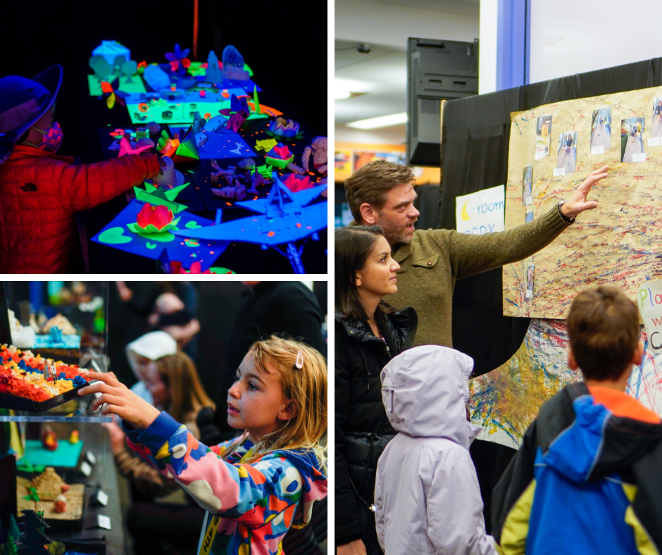 A collage of three photos including a black light room of neon color art, a family looking at an art piece, and a girl amazed at one of the art works.