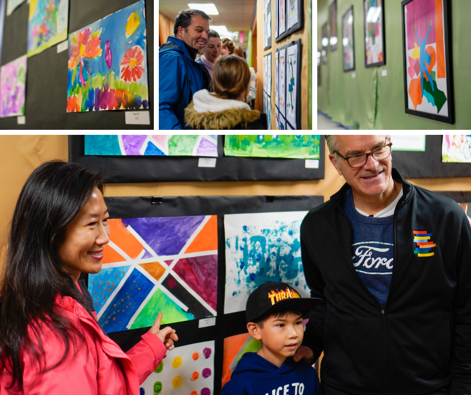 A collage of four photos including two of families looking at colorful art, and two of the art itself.