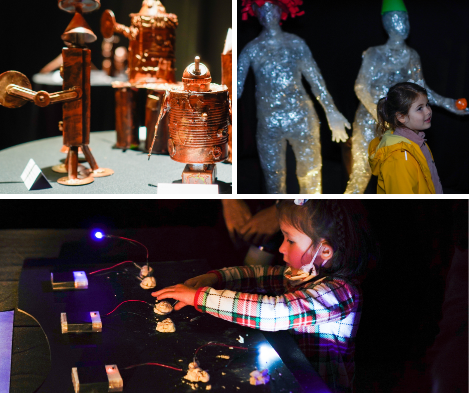 A collage of three photos including recycled robots, electric engineering, and tape people.