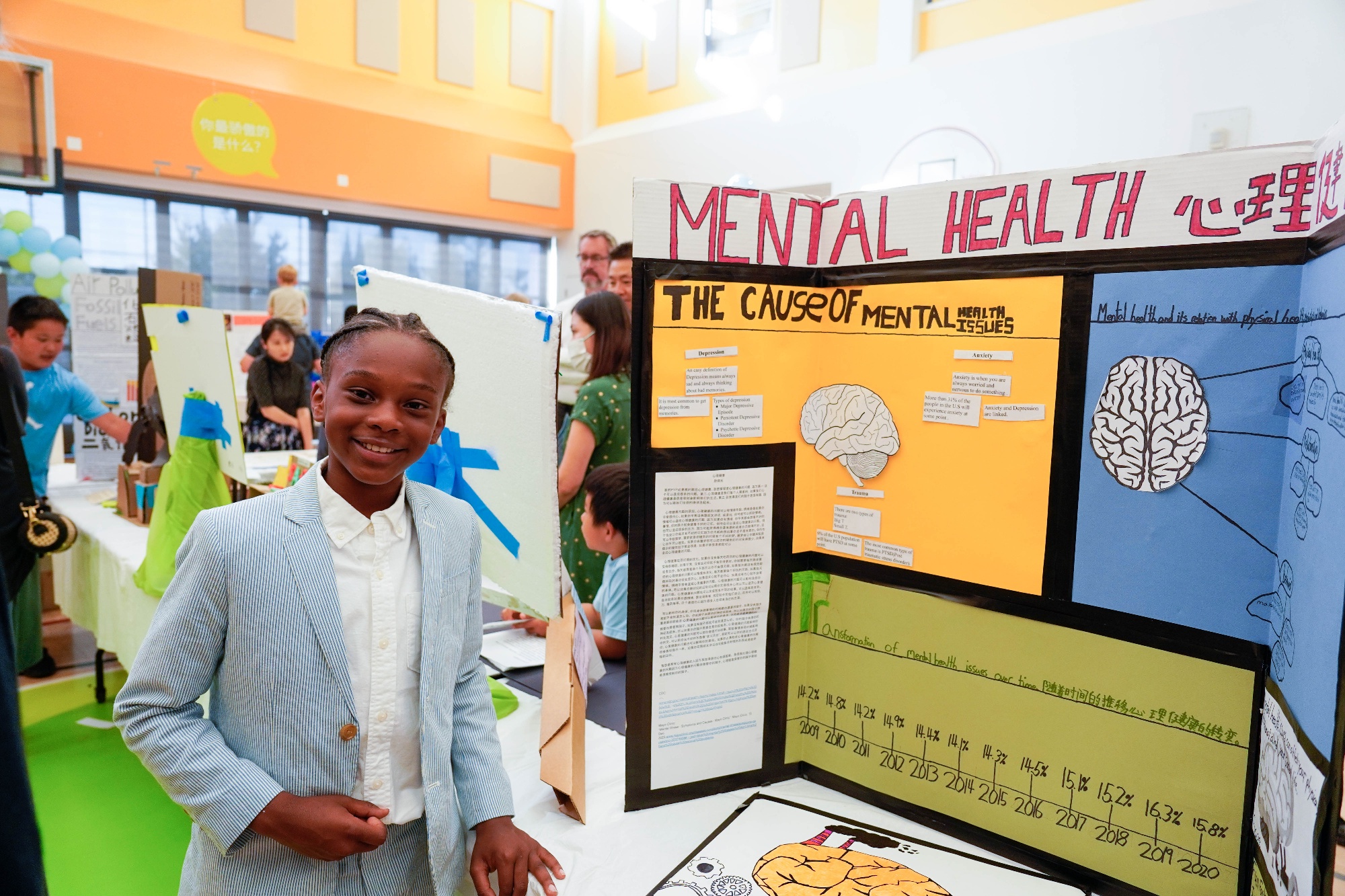 Chinese Program student presenting his PYPx project on mental health.