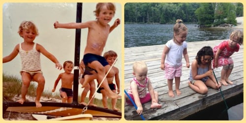 Me and my cousins during our Long Island summers (left) and my daughters and their friends in the Adirondacks last summer (right).