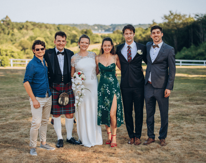 Group photo at Eva and Alistair's wedding with other INTL alums.