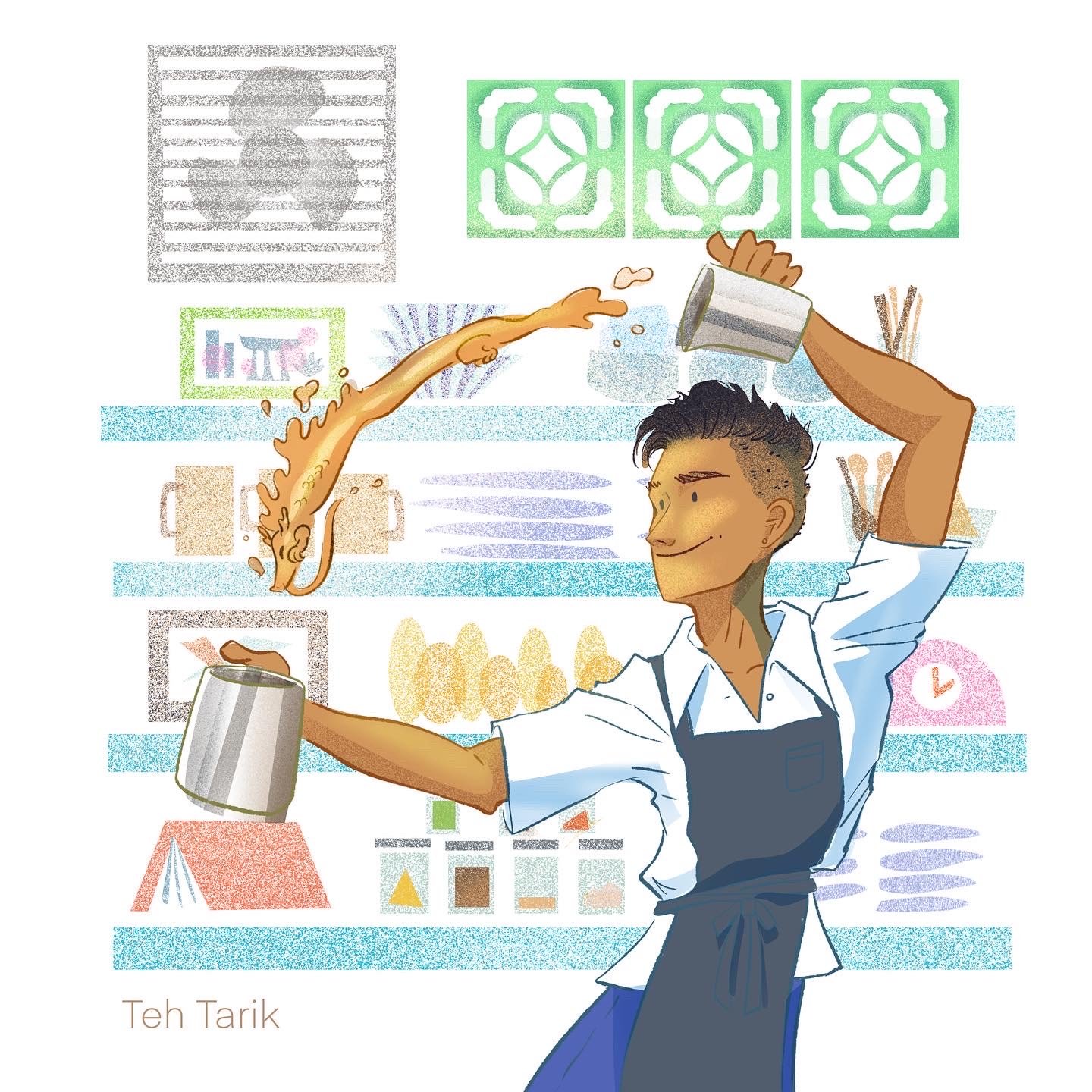 Isla Myles artwork depicting a server making a Teh Tarik (tea drink) with flare.