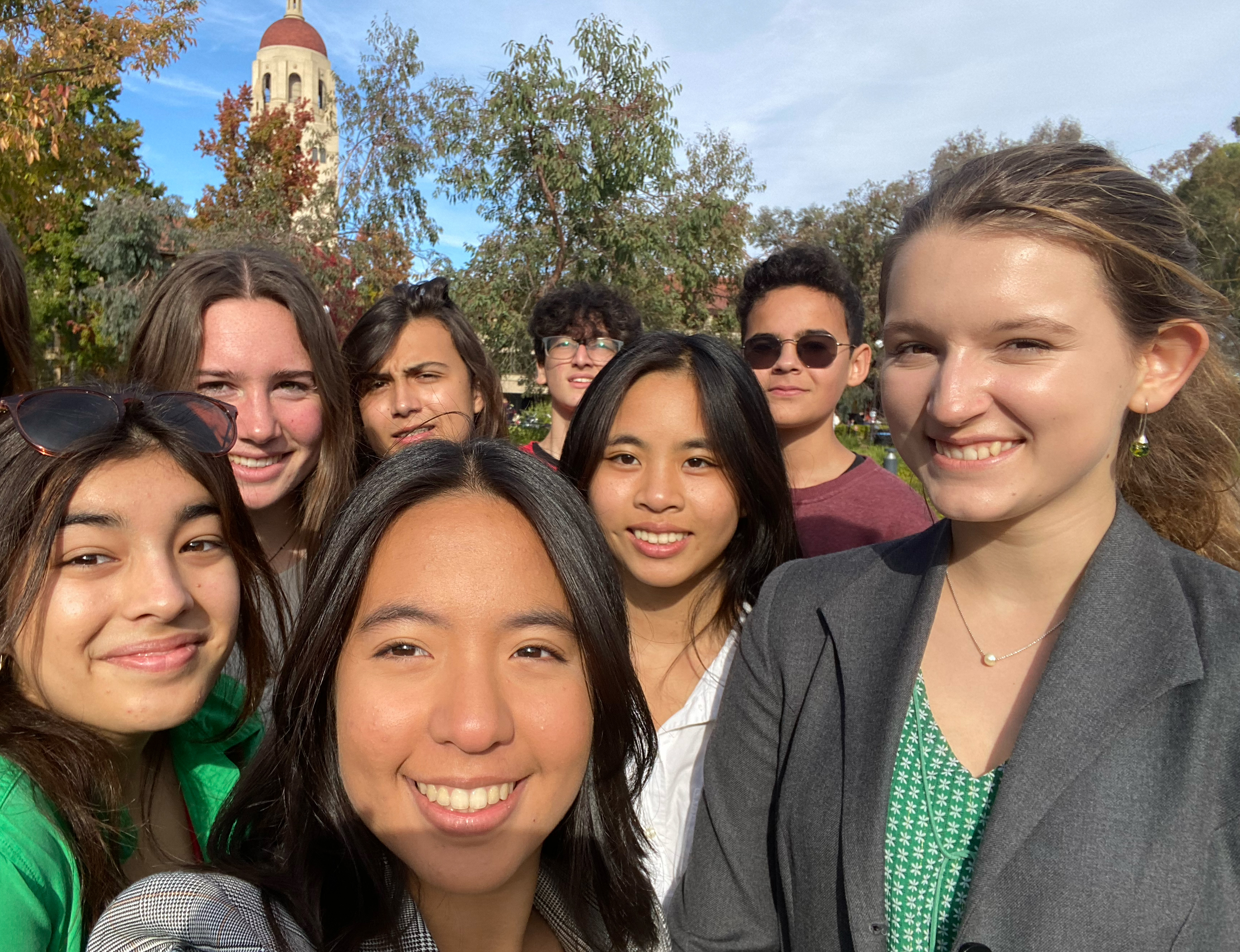 INTL's Model UN team photo in front of the Hoover Tower on the Stanford Campus.