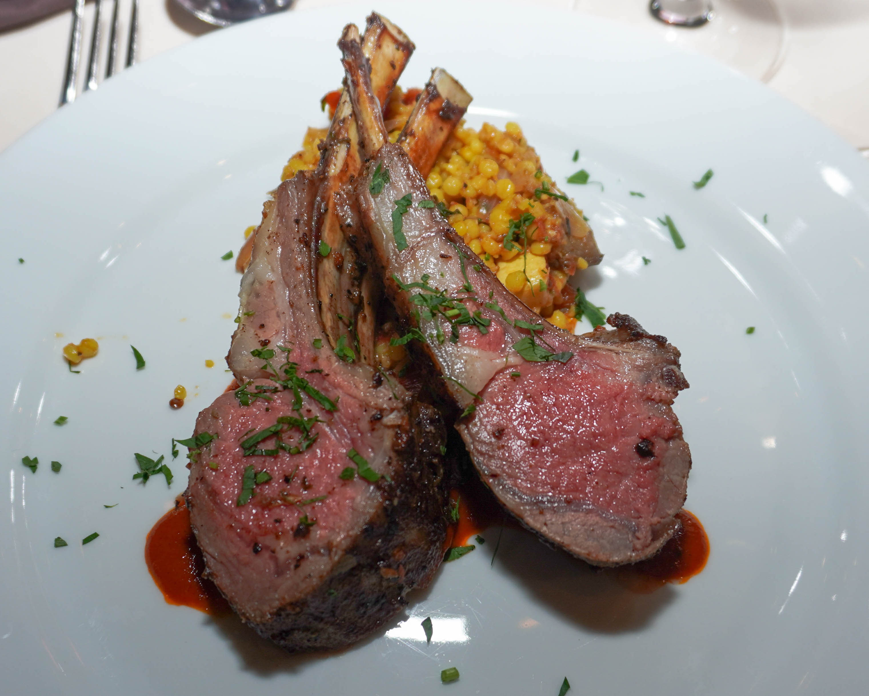 A photo of the mouth-watering Moroccan lamb rack.